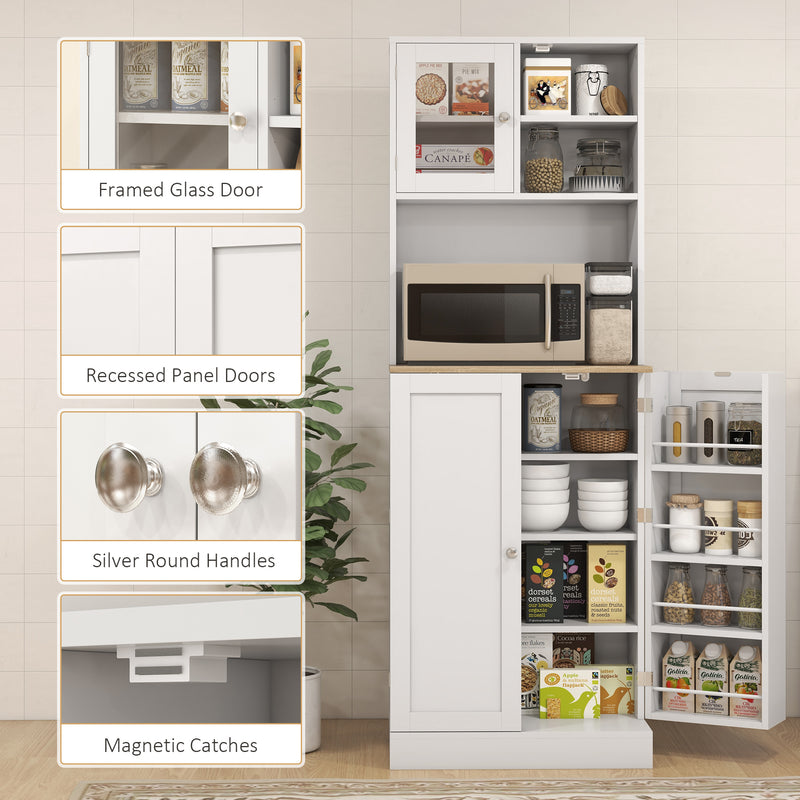 White Kitchen Pantry Cabinet with Microwave Shelf & Adjustable Shelves 60 × 35 × 169cm Homcom