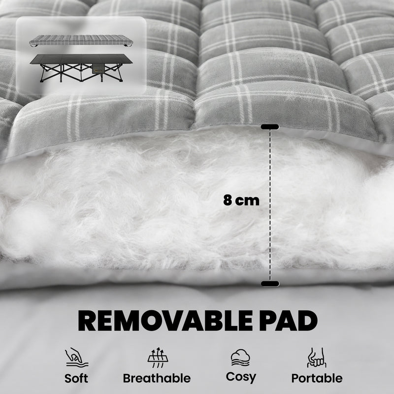 Folding Camping Bed with Extra Wide Surface and Padded Topper for Comfortable Sleep Grey