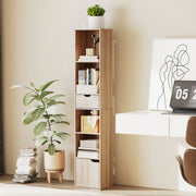 Tall Narrow 6 Tier Bookcase With Drawer And Door For Home Storage Natural Wood Finish AOSOM