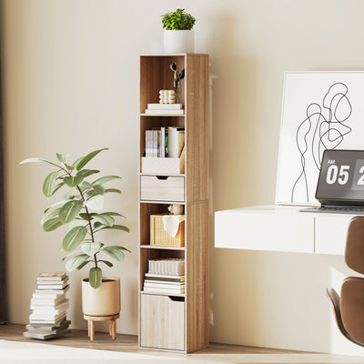 Tall Narrow 6 Tier Bookcase With Drawer And Door For Home Storage Natural Wood Finish AOSOM
