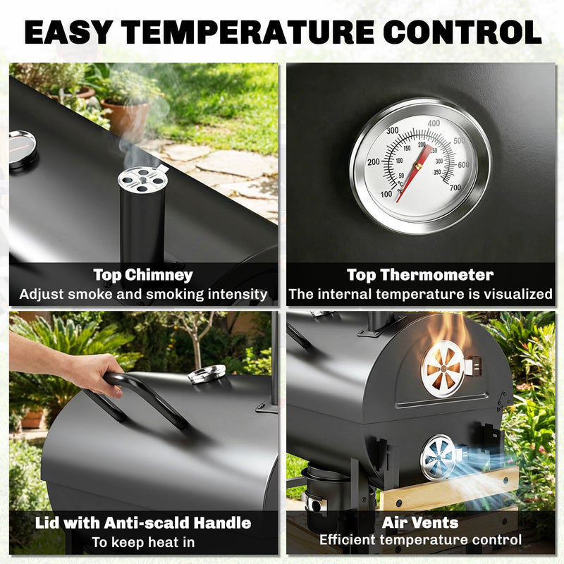 Barrel Charcoal BBQ Grill for Easy Outdoor Cooking with Large Cooking Area and Storage Black Outsunny