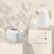 White 1.7L Fast Boil Cordless Kettle and 2 Slice Toaster Set With 7 Browning Levels by HOMCOM