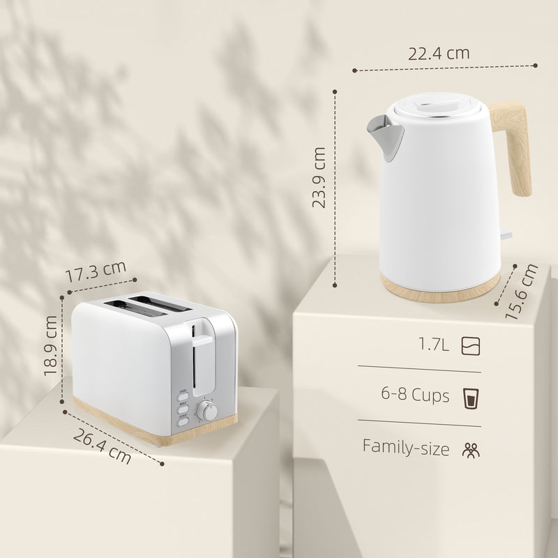 White 1.7L Fast Boil Cordless Kettle and 2 Slice Toaster Set With 7 Browning Levels by HOMCOM