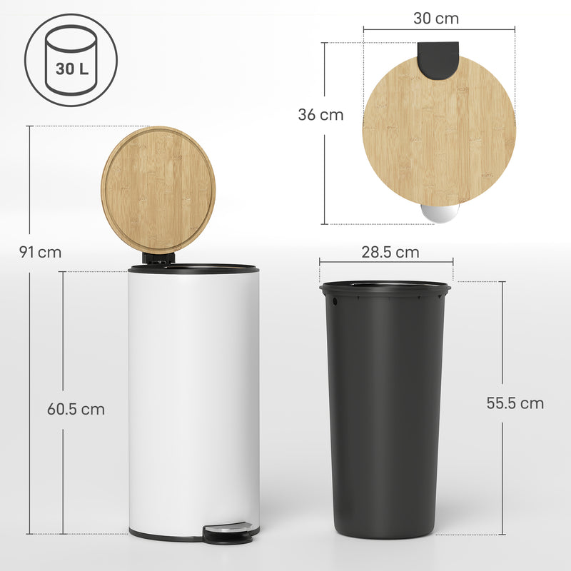 Kitchen Pedal Bin 30L with Soft Close Lid and Removable Liner for Easy Cleaning White Homcom