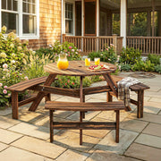 Garden Dining Set for 6 with Round Pub Style Table and Benches Weather Resistant Fir Wood Carbonized Outsunny