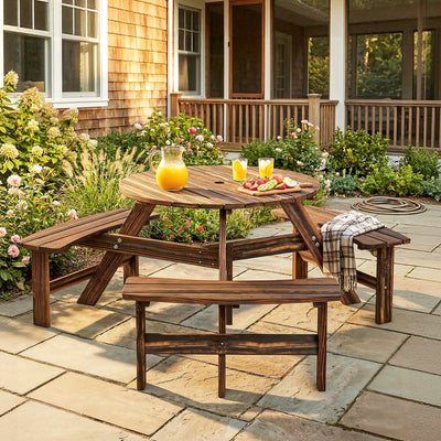 Garden Dining Set for 6 with Round Pub Style Table and Benches Weather Resistant Fir Wood Carbonized Outsunny