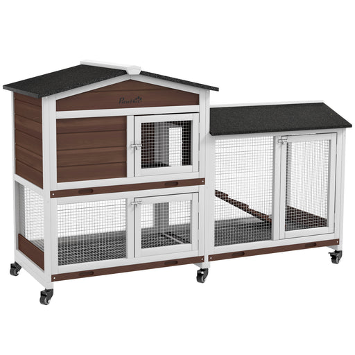 Two Tier Wooden Pet Hutch With Wheels And Outdoor Run For Rabbits Or Guinea Pigs Brown