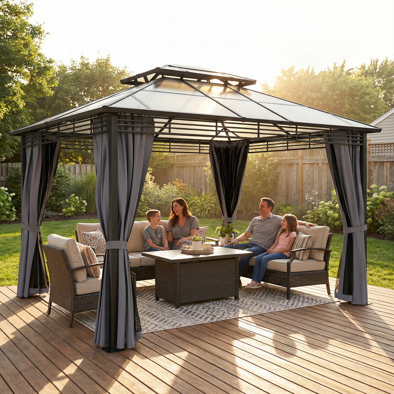 Garden Gazebo With Polycarbonate Hard Top Roof for All Weather Shelter and Privacy, Dark Grey Outsunny