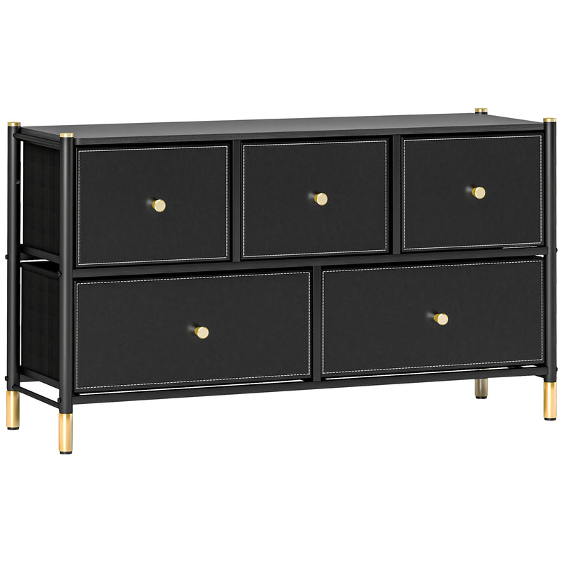 Black Faux Leather Chest of 5 Drawers With Gold Handles by HOMCOM