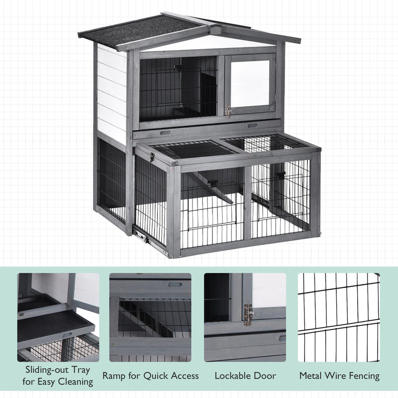 2 Tier Wooden Rabbit Hutch for Outdoor Use with Ramp and Shelter for Guinea Pigs Grey AOSOM