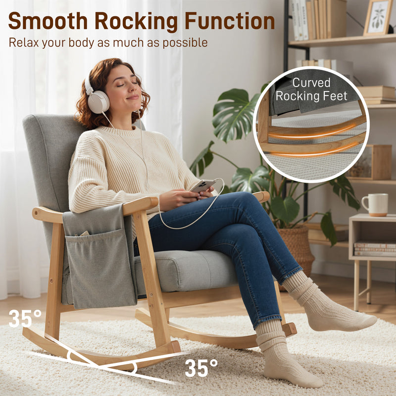 Modern Wood Frame Rocking Chair with Cushioned Seat for Lounge or Nursery, Light Grey