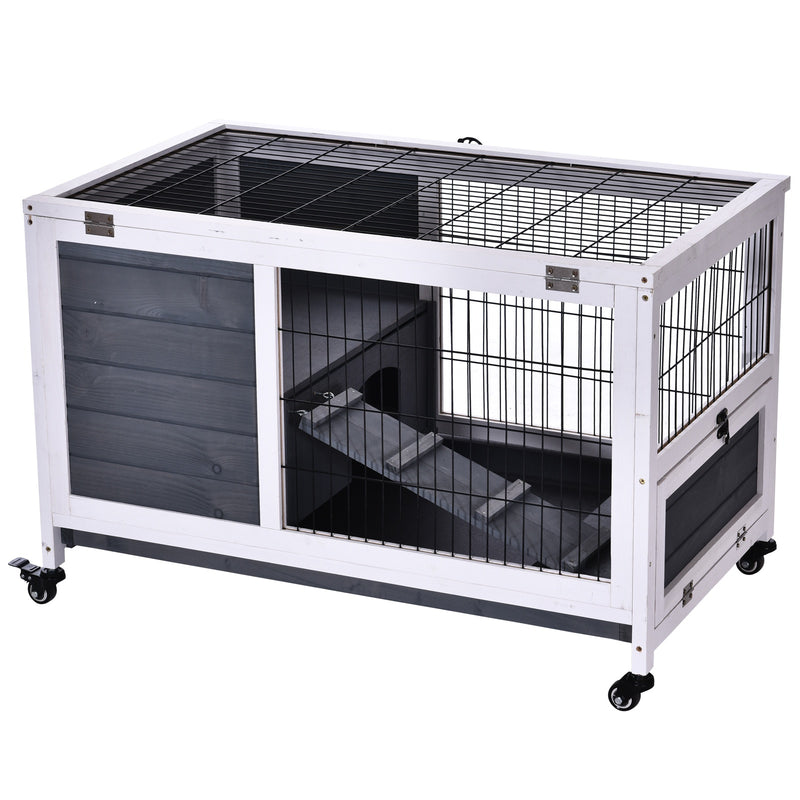 Indoor Wooden Rabbit Hutch with Lift Top for Guinea Pigs and Small Pets, Grey and White