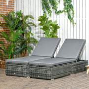 Grey Rattan Sun Loungers Set of 2 With Cushions and 5 Position Reclining Backrests