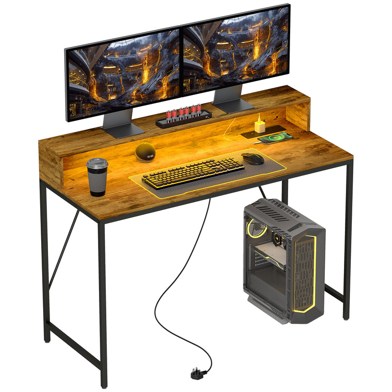 120cm Gaming Desk with LED Lights and Power Outlets Rustic Brown by HOMCOM