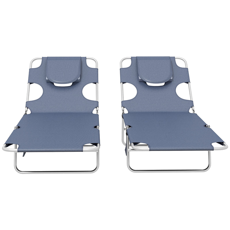 Grey Foldable Sun Lounger Set of 2 with Reading Hole and Adjustable Backrest for Garden AOSOM