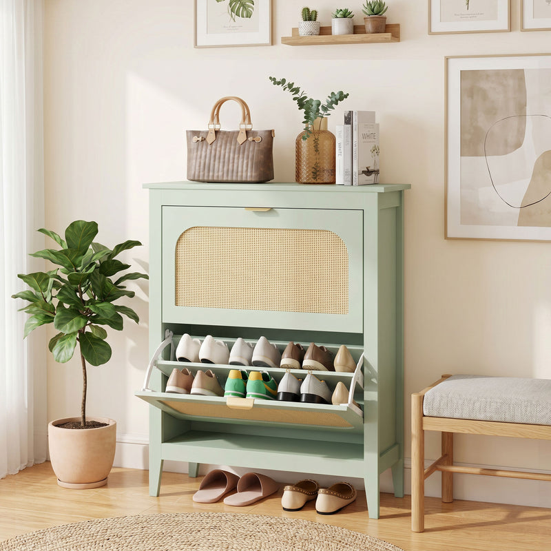 Shoe Storage Cabinet for Narrow Hallways with Flip Drawers and Adjustable Shelves Light Green