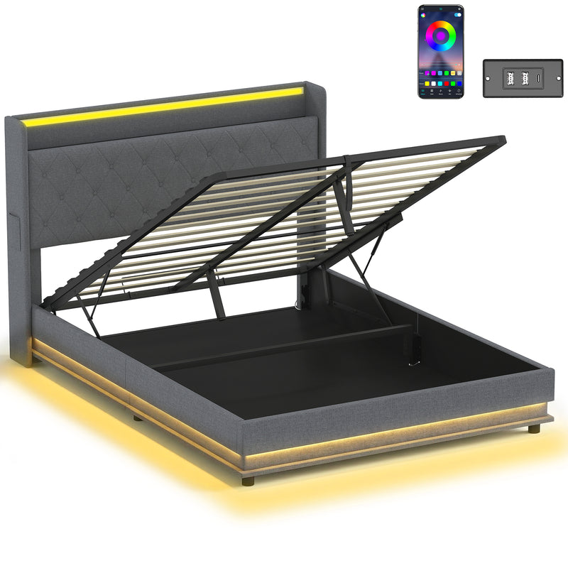 King Size Ottoman Storage Bed Frame with USB Charging and LED Lighting Dark Grey AOSOM