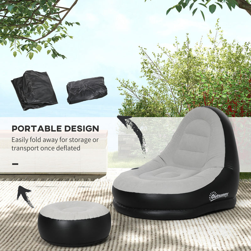 Inflatable Chair and Footstool Set for Easy Extra Seating Indoors or Outdoors Grey and Black