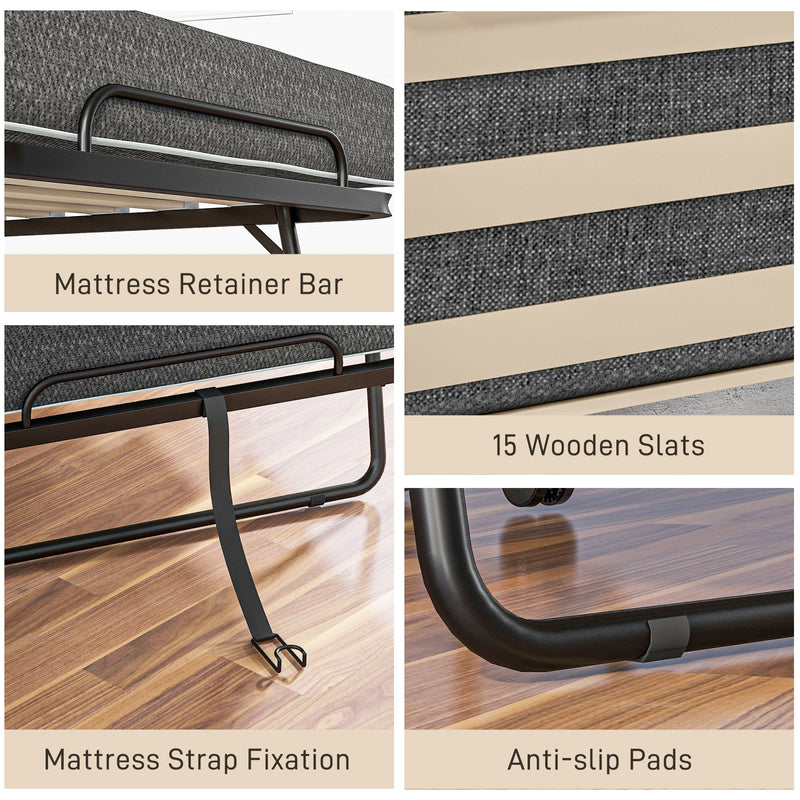 Single Folding Bed with Steel Frame and Wheels Black and Grey by HOMCOM