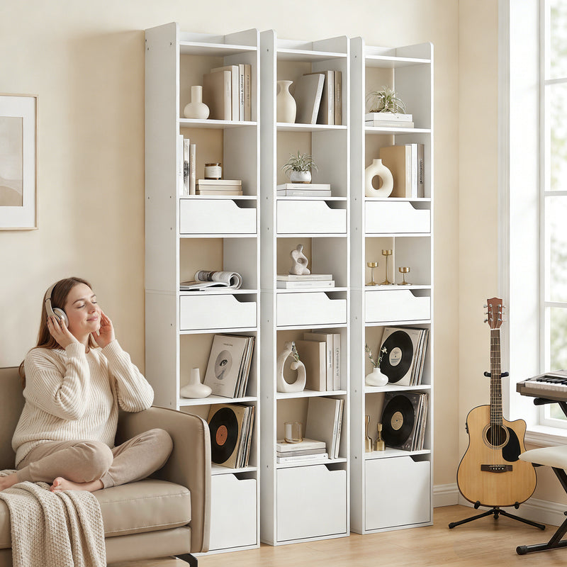 Slim Corner Bookcase with Shelves Drawers and Cabinet for Small Spaces White Wood Effect
