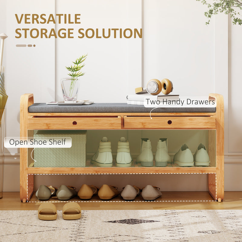 Shoe Storage Bench with Drawers and Padded Seat for Narrow Hallways Natural Bamboo Grey