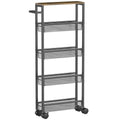 5 Tier Slim Storage Trolley With Wheels And Wood Effect Top For Kitchen Or Bathroom Black AOSOM