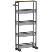 5 Tier Slim Storage Trolley With Wheels And Wood Effect Top For Kitchen Or Bathroom Black AOSOM