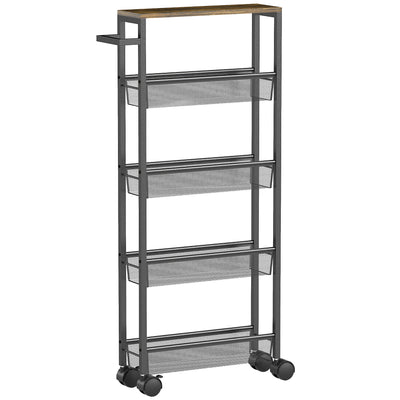 5 Tier Slim Storage Trolley With Wheels And Wood Effect Top For Kitchen Or Bathroom Black AOSOM