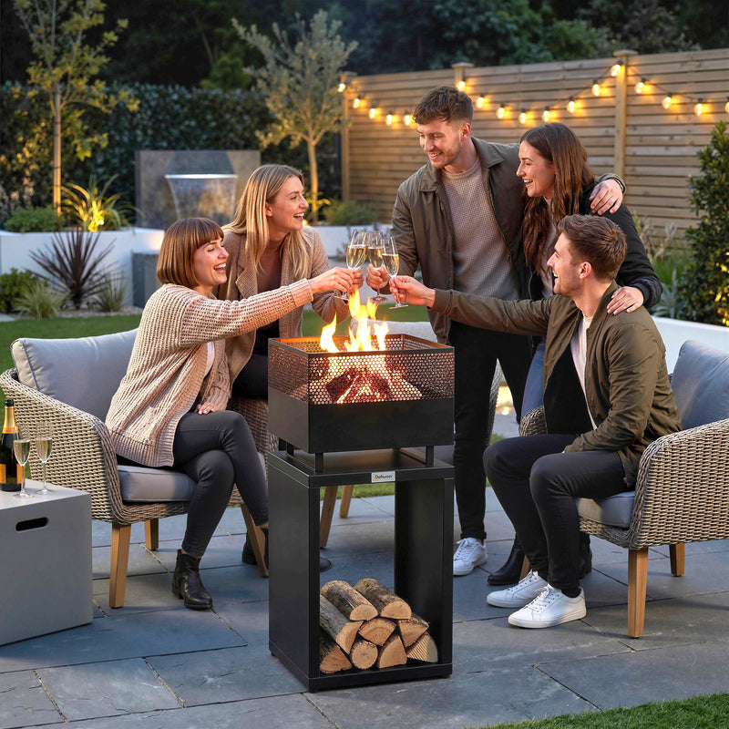 Garden Fire Pit with Log Storage for Tidy and Warm Evenings Outdoors Black Outsunny