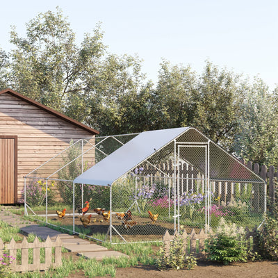 Large Walk In Chicken Coop with Weatherproof Cover for Outdoor Poultry Silver