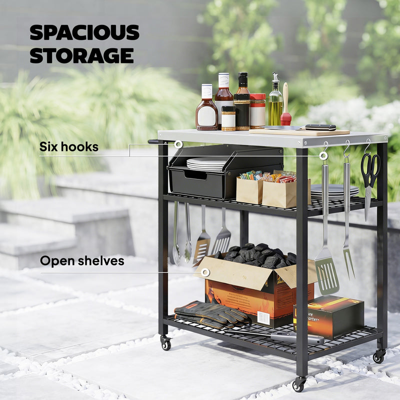 BBQ Prep Table with Stainless Steel Top and Storage Shelves for Outdoor Cooking Black Outsunny
