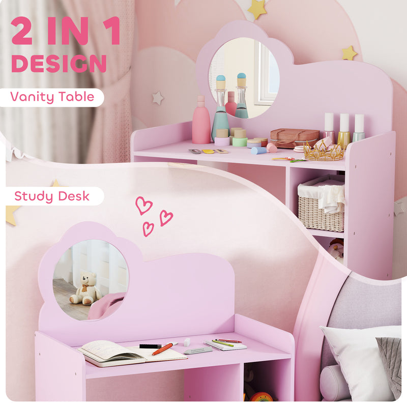 Kids Vanity Dressing Table with Mirror and Storage Shelves Includes Stool Ages 3 to 8 Purple