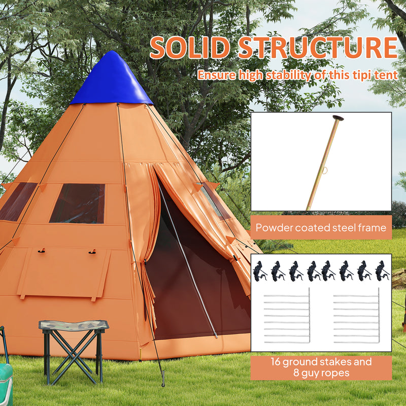 6 Person Tipi Tent with Easy Setup and Spacious Interior for Family Camping Orange Blue