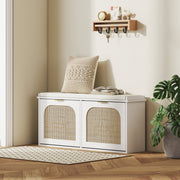 Boho Shoe Storage Bench with Cushioned Seat and Two Flip Drawers for Hallway, White