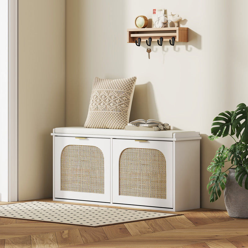 Boho Shoe Storage Bench with Cushioned Seat and Two Flip Drawers for Hallway, White