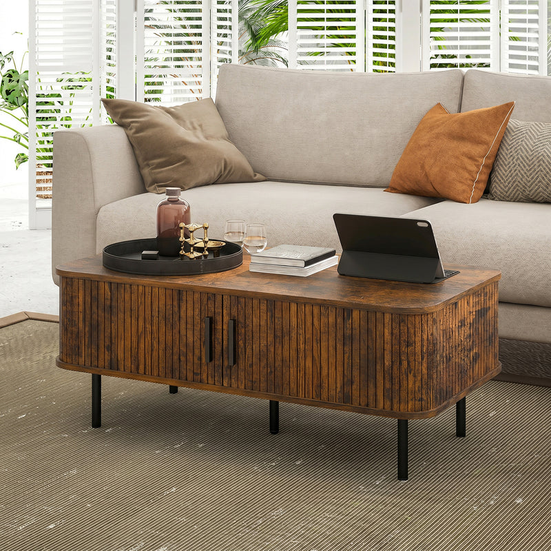 Coffee Table With Sliding Doors for Easy Living Room Storage Rustic Brown Black