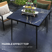 Black Square Garden Table for 4 with Marble Effect Glass Top and Steel Frame for Patio