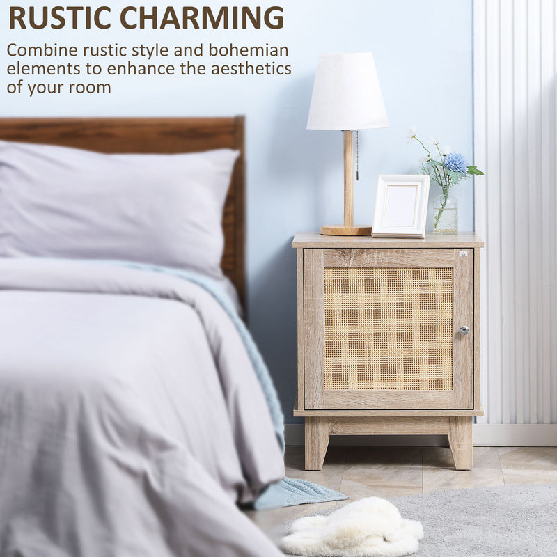 Set of 2 Bedside Tables with Storage Cupboards and Rattan Panels for Bedroom Natural AOSOM