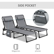 Set of 2 Grey Folding Sun Loungers with Adjustable Backrest for Garden Beach or Patio