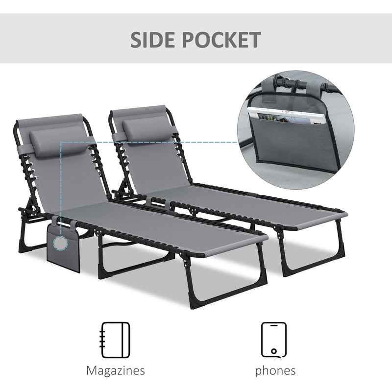 Set of 2 Grey Folding Sun Loungers with Adjustable Backrest for Garden Beach or Patio