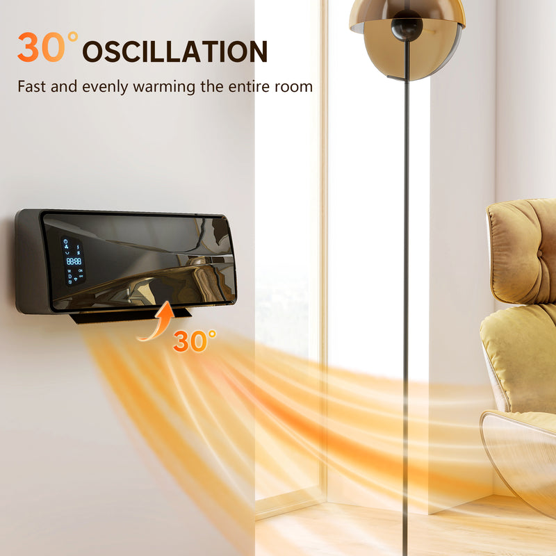 2000W Wall Mounted Ceramic Electric Heater With Fan Remote And Thermostat Control Black