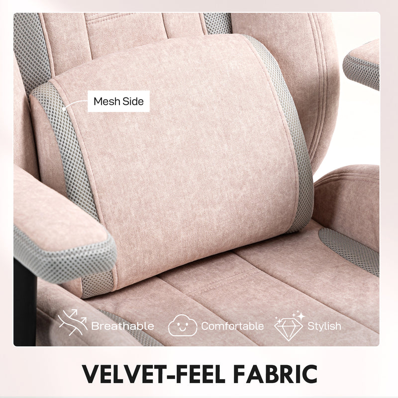 Pale Pink Fabric Gaming Chair With Lumbar Support And Headrest For Comfortable Play