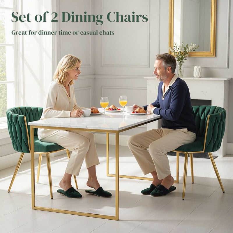 Set of 2 Velvet Dining Chairs with Armrests and Woven Backrest for Home Comfort Dark Green Homcom