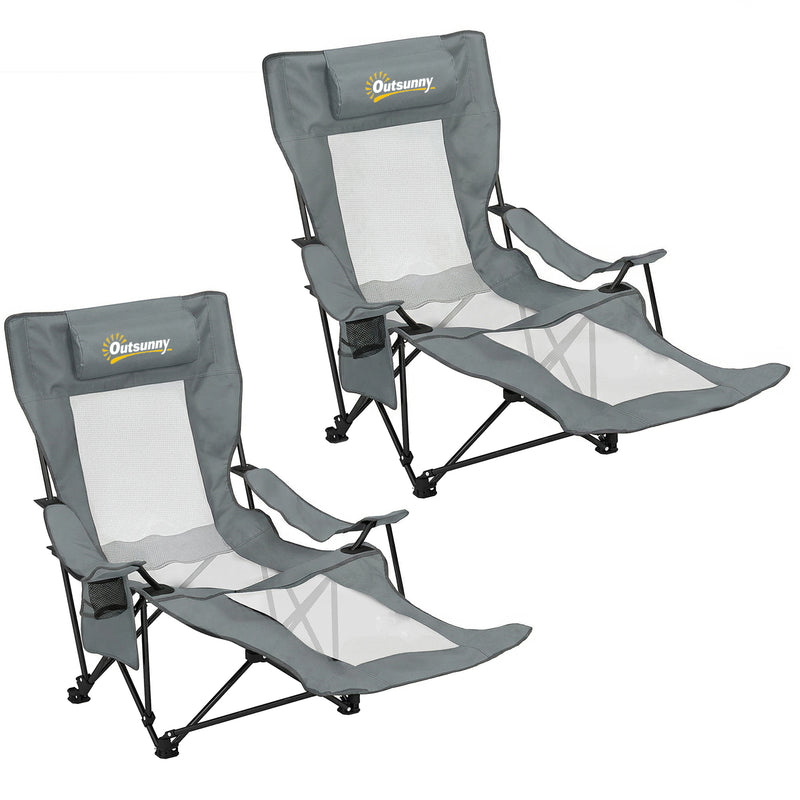 Set of 2 Reclining Camping Chairs for Shared Outdoor Comfort with Cup Holders Grey Black