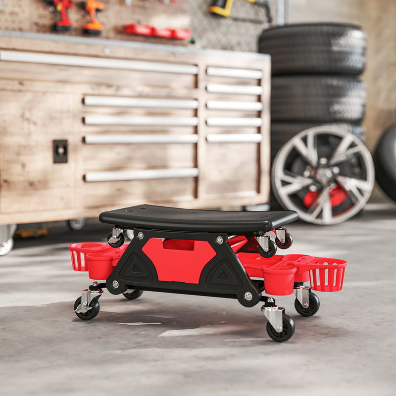Mechanic Roller Seat with Tool Storage and Swivel Wheels for Garage or Workshop Red AOSOM