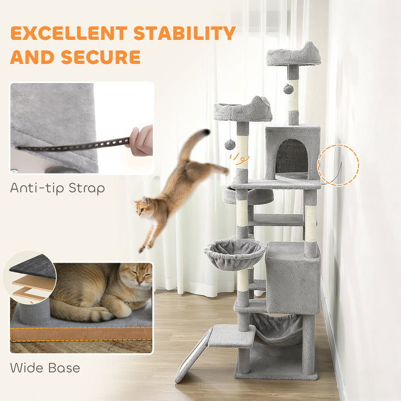 Tall Multi Level Cat Tree for Two or More Cats with Scratch Posts and Cosy Beds Light Grey