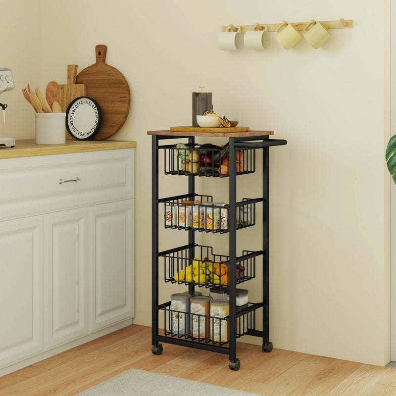 Kitchen Storage Trolley with 4 Mesh Baskets and Wood Effect Top for Extra Worktop Space Oak Black