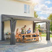 Lean To Steel Roof Garden Pergola With Netting Ideal For Patios And Outdoor Shade Dark Grey AOSOM