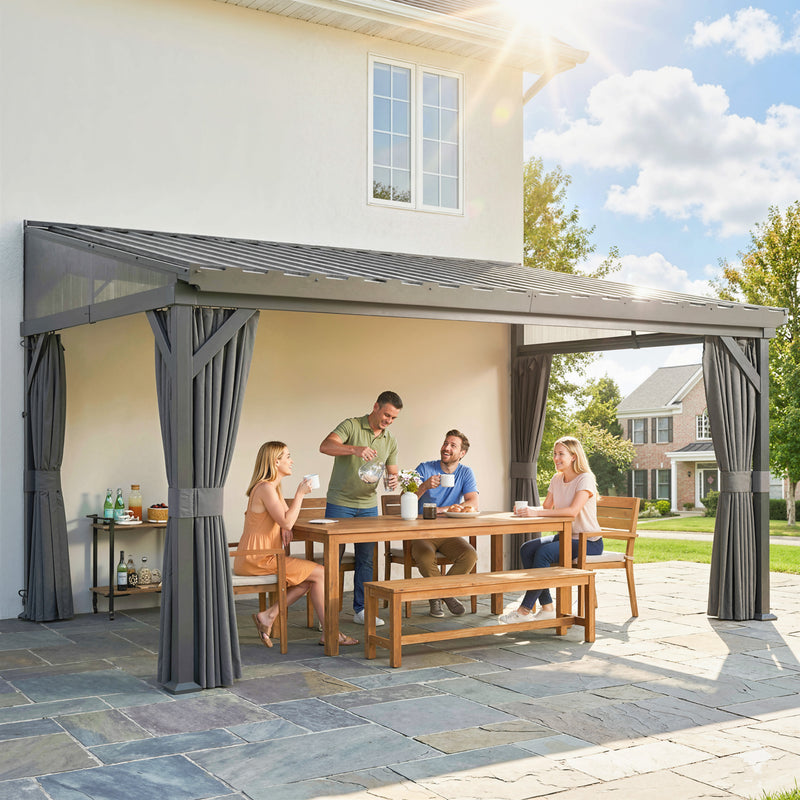 Lean To Steel Roof Garden Pergola With Netting Ideal For Patios And Outdoor Shade Dark Grey AOSOM