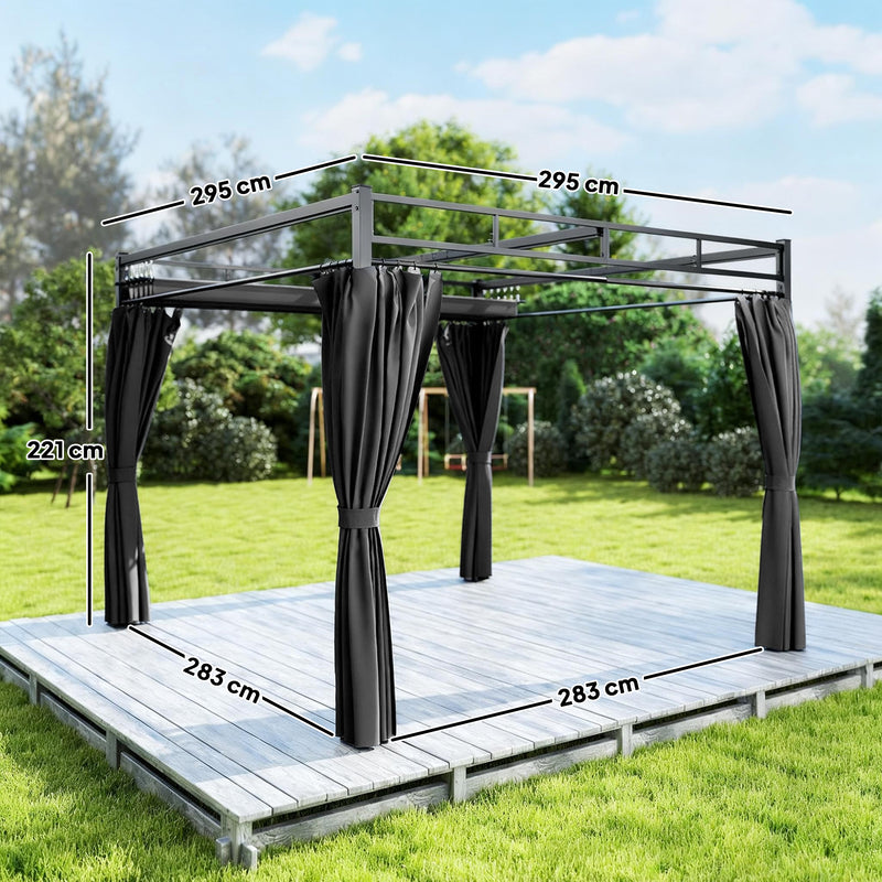 3 x 3 m Metal Garden Pergola with Retractable Canopy and Curtains UPF30 Sun Shade Dark Grey AOSOM